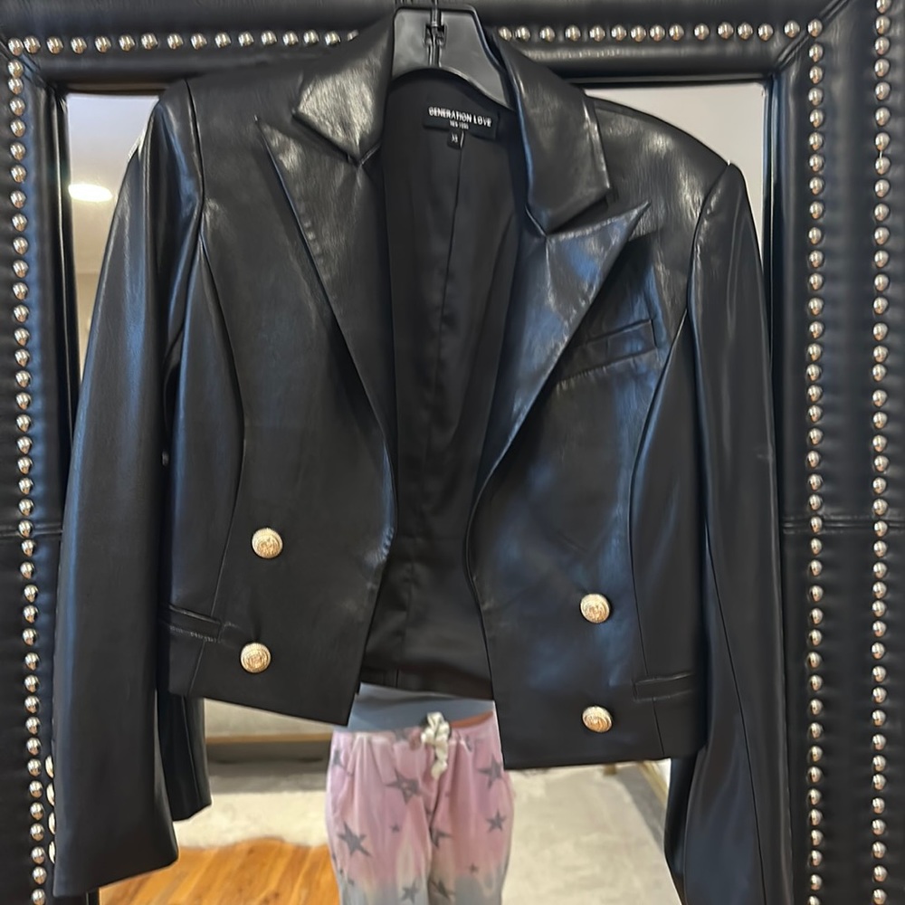 Black cropped faux leather jacket